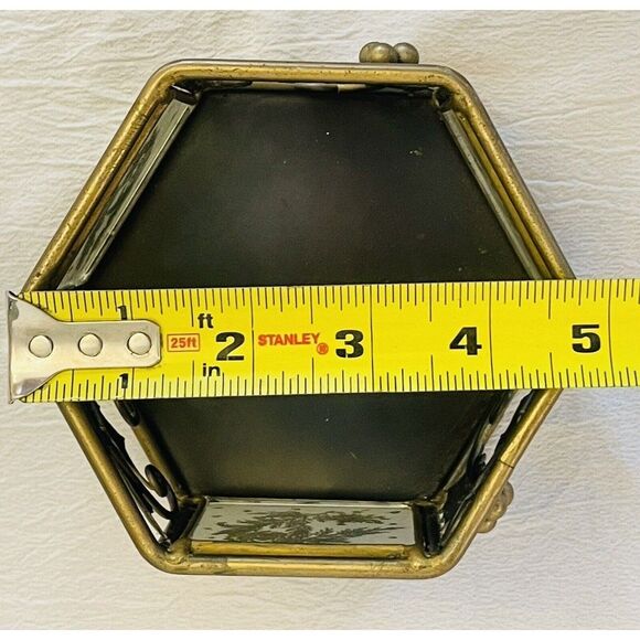 CANDLE HOLDER Hexagon w/Alternate Panels Of  Metal Holly  Scrolls & Glass Ferns - Picture 8 of 9